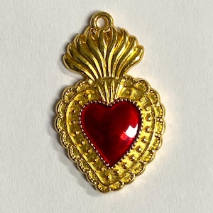 Milagros Heart Pendant Red Enamel Flame Heart Gold plated Large Religious charm Sacred Heart  1 Pc