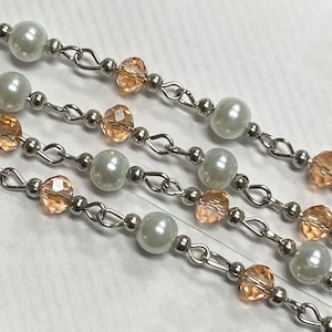 1 Meter 39.5" Linked Beaded Chain white Pearl platinum silver wire 6mm glass pearl Champagne Rondelle beads Rosary style chain #22