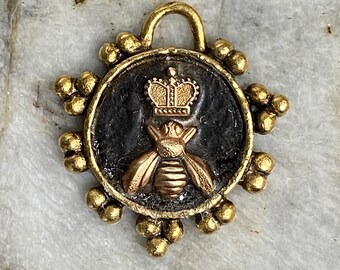 Bee crown Pendant Metal Raw Brass Charm Metalwork, Metalsmith, Mixed Metals Queen bee Dotted bezel