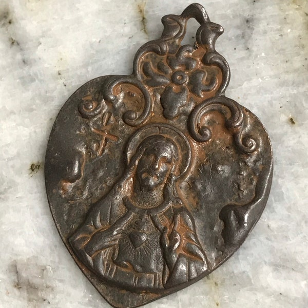 Sacred Heart of Jesus Pewter Pendant Filigree Bail Artisan Original Religious Jewelry component Supplies Antique Rusty Brown 1 pc (RB1)