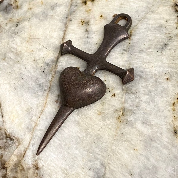 Small Pewter Cross Dagger Heart Sword Pendant Jewelry Supply supplied component Rustic swords Rusty Brown 2 1/2” (RB6)