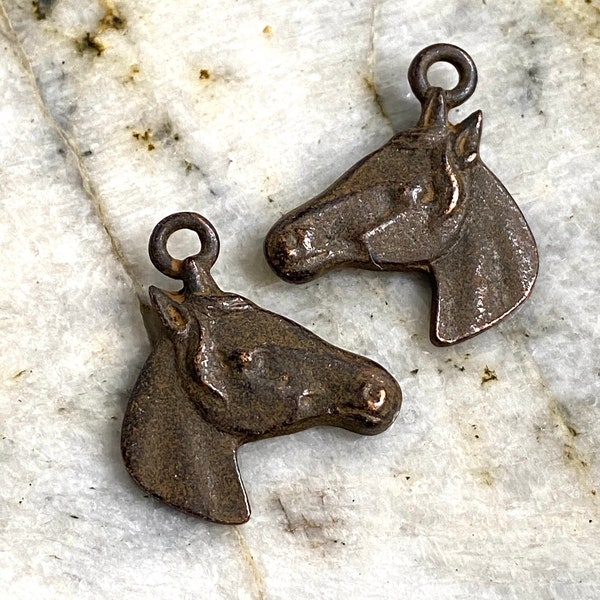 Pewter Rustic Horse Head Western Charm Pendant Altered Art Supplies Double sided Jewelry 1 Pc antique Rusty Brown Finish (RB6)