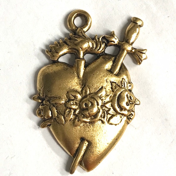 1 pc Pewter Milagro Heart Antique Gold Religious Pendant Altered Art Supplies Jewelry old world style Flame Heart Sword (PL5)