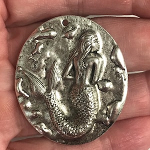 Pewter Mermaid Pendant Ocean Life Charms Artisan Original Beach Design Antique Pewter 1 piece 1 5/8” (PL17)