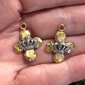 Pair Pewter Rugged Antique Gold Hammered Cross with Crown Metalworks Altered Art Supplies Jewelry Earring Components Bracelet Charm PL19 image 1