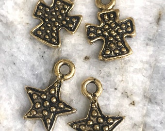 2 pcs Dotted Cross Or Star Small Pewter Rugged Charms Religious Pendant  Altered Art Supplies Jewelry Rustic antique gold (PL7)