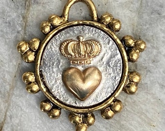 Heart crown Pendant Metal Raw Brass Charm Metalwork, Metalsmith, Mixed Metals Royalty Dotted bezel