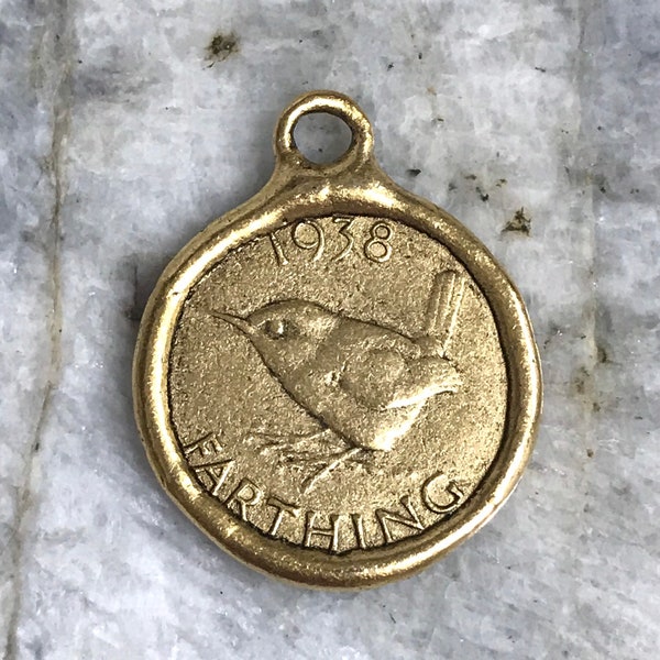 English Farthing Coin Bird REPRODUCTION PEWTER Pendant Artisan Original Jewelry  components Necklace Findings Charm Antique Gold 1 pc (PL1)