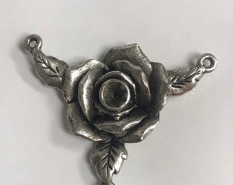 Rosary Centerpiece 3 way Connector Rose Flower Art Supplies Jewelry components link Antique Silver 1 pc (PL12)