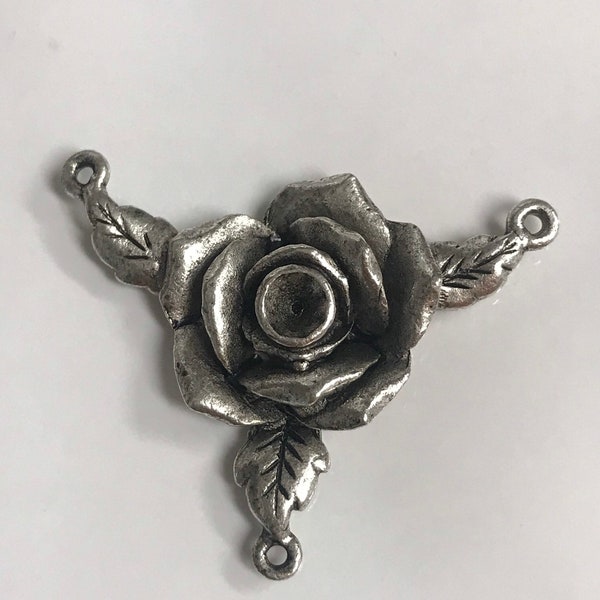 Rosary Centerpiece 3 way Connector Rose Flower Art Supplies Jewelry components link Antique Silver 1 pc (PL12)