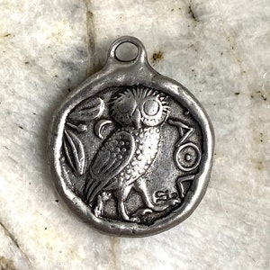 Athena Owl Coin REPRODUCTION PEWTER Pendant Artisan Original Jewelry components Necklace Findings Charm Antique Pewter 1 pc (PL17)