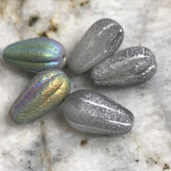 SALE Melon Drop Antique Silver Grey AB Etched Finish Czech glass beads Teardrop 6 pcs beads 8 x 15mm #221