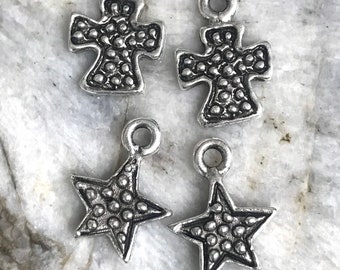 2 pcs Dotted Cross Or Star Small Pewter Rugged Charms Religious Pendant Altered Art Supplies Jewelry Rustic antique silver (PL7)