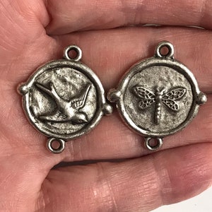 Artisan Original Pewter Bird Dragonfly Connector link pendant Sparrow Double sided jewelry components nature Antique silver 1 pc (PL12)