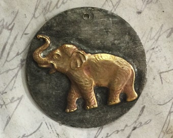 Small 1 1/4" Rustic Soldered Molten Metal Elephant Raw Brass Pendant Bohemian Elephant Charm Brass Metalwork, Metalsmith, Mixed Metals