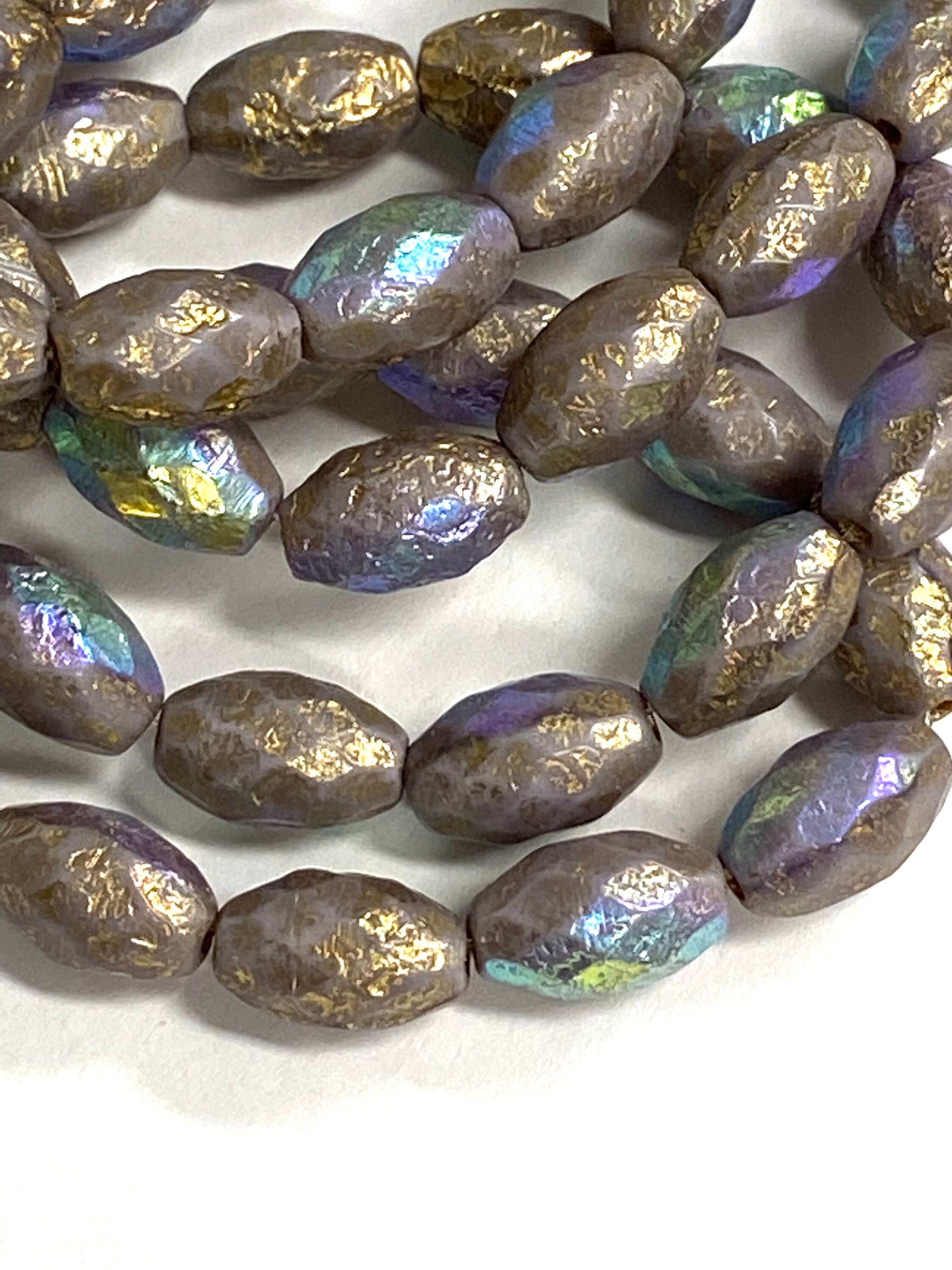 Oval Olive 8 x 12mm Thistle Etched gold AB finish bead Czech glass Beads Bead 6 pieces BOHO Supplies #47