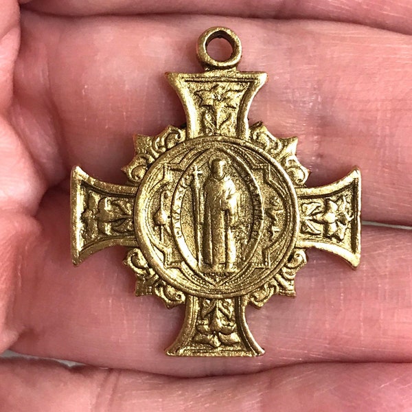 St Benedict Cross Medal French Reproduction Pewter Pendant Catholic medal Religious Supply Antique Gold 1 Pc (PL13)