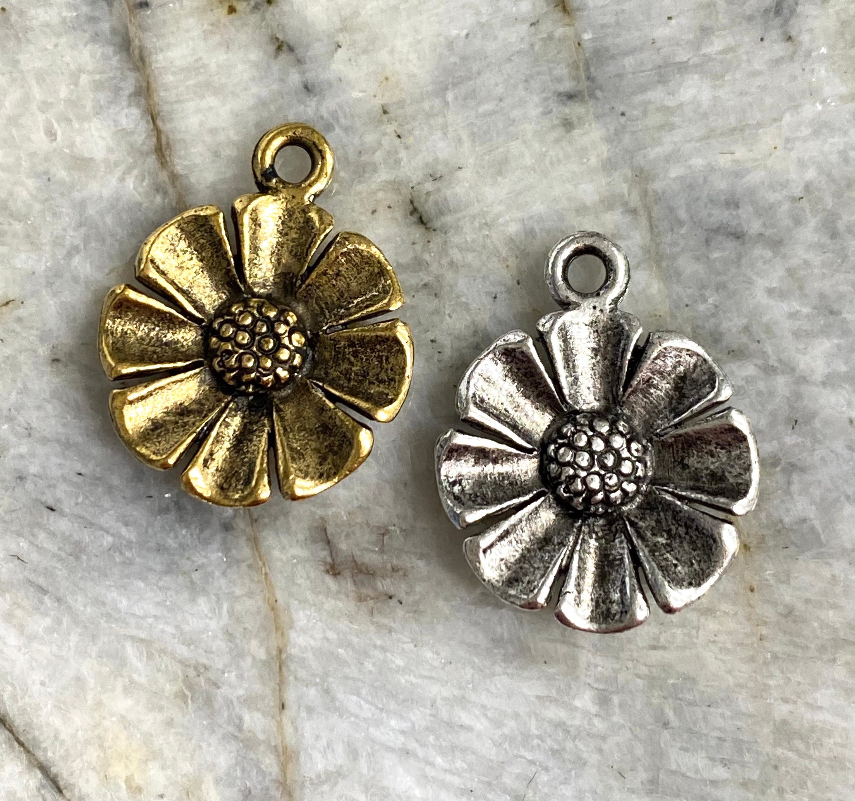 Flower Pewter Charms Pendant Jewelry Rustic Daisy antique Gold Etsy