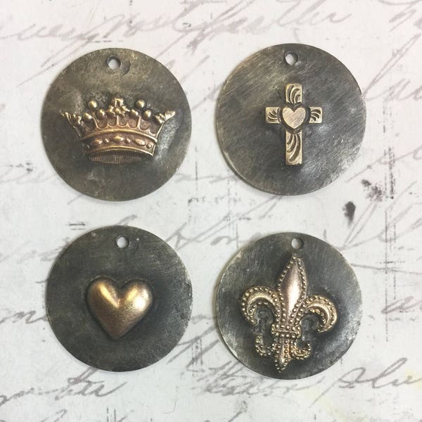 3/4" Rustic Soldered Heart crown Cross Fleur declis Pendant Bohemian Charm Brass Metalwork, Metalsmith, Mixed Metals