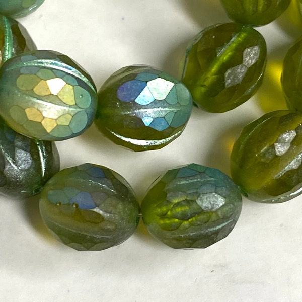10mm faceted melon Peridot AB finish Czech Glass Beads Transparent Mercury 12 Beads Supplies #20