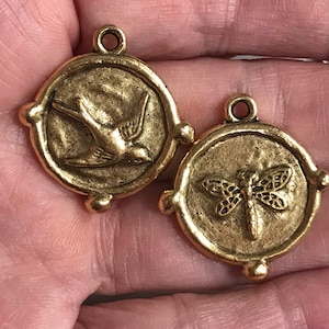 Artisan Original Pewter Bird Dragonfly pendant Sparrow Double sided jewelry components bracelet supplies nature Antique gold 1 pc (PL13)