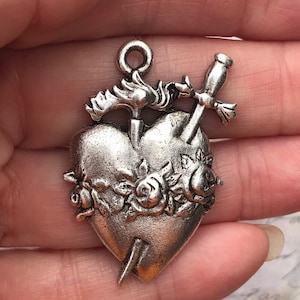 1 pc Pewter Milagro Heart Religious Pendant Altered Art Supplies Jewelry 1 5/8&quot;x 1&quot; old world style Flame Heart Sword antique silver (PL5)