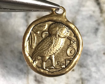 Athena Owl Coin REPRODUCTION PEWTER Pendant Artisan Original Jewelry components Necklace Findings Charm Antique Gold 1 pc (PL17)