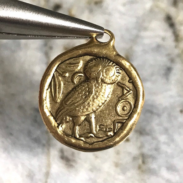 Athena Owl Coin REPRODUCTION PEWTER Pendant Artisan Original Jewelry components Necklace Findings Charm Antique Gold 1 pc (PL17)