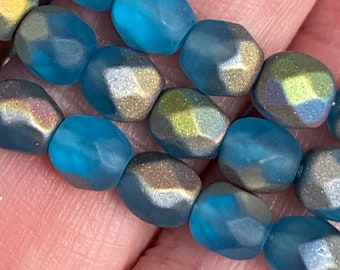 6mm Czech Glass Firepolished Pacific Blue Matt AB finish Round Beads quantity 25 Bohemian Bead Supplies BOHO #06