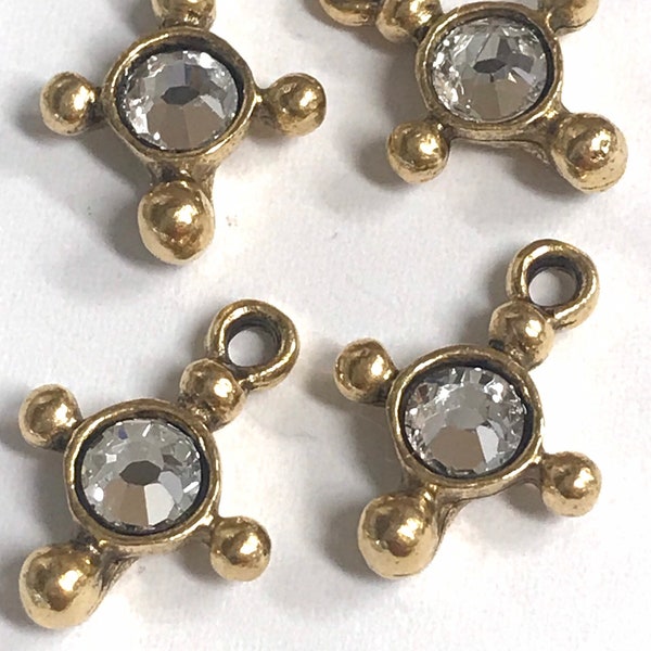 Petite Round Swarovski Crystal Dotted Bezel Pendant Charm earring components bracelet charm Antique gold 4 pcs (PL13)