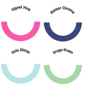 May include: A graphic featuring seven semi-circular shapes in various colors, each paired with a text label. Colors include lavender, gold, hot pink, navy blue, light blue, light green, and dusty rose. Text labels include "Neon Streets Haze" and "Razor Crest Refresh."