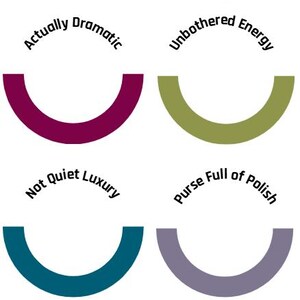 May include: Seven semi-circular color swatches arranged in two columns. Each swatch features text above it: Lowkey Perfect in mauve, Neutral Territory in tan, Actually Dramatic in magenta, Unbothered Energy in olive, Not Quiet Luxury in teal, Purse Full of Polish in lavender, and Princess Behavior in light pink.