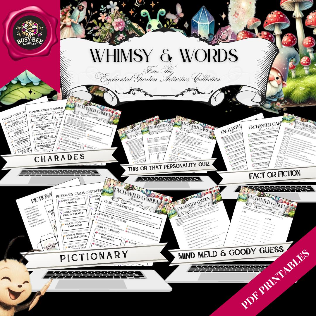 Whimsy and Words Game Bundle | Pictionary, Charades, Would You Rather, Fact or Fiction | Party PDF Set