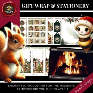 Pacchetto di carta da regalo e cancelleria per le feste Enchanted Woodland - Etichette stampabili, cartellini regalo, biglietti, carta intestata e buste