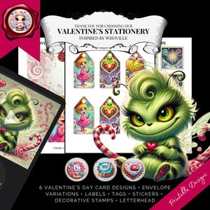 Pacchetto di cancelleria per San Valentino di Whoville - Etichette stampabili, etichette regalo, biglietti a tema, carta intestata e buste - Playlist bonus inclusa