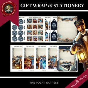 Pacchetto di carta da regalo e cancelleria Polar Express - Etichette stampabili, cartellini regalo, biglietti, carta intestata e buste