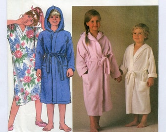 Vintage Simplicity 8090 Childrens Pajamas Night Shirt and Pants, Front Tie Hooded Robe, Sleepwear UNCUT Sewing Pattern 1990s Sizes 5 6x