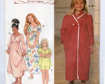 Vintage Simplicity 7930 Girls Sleepwear, Full Length Nightgown, Short Pajamas, Robe, Puff Sleeves 1990s UNCUT Sewing Pattern Sizes 3 4 5 6