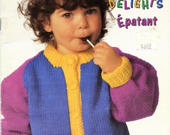 Vintage Patons 694 Toddler Outfits Knitting Pattern Book Bright Delights, Sweaters, Jumpsuit, Pants, Hat, Scarf, Mitts, Sizes 1 to 3 years