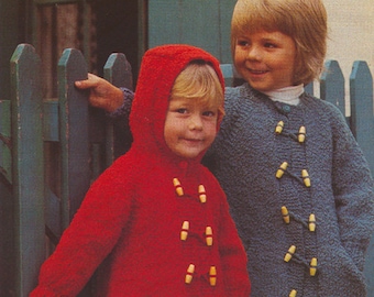 PDF Vintage 70s Childs Coat Knitting Pattern - Jaeger Catkin Chunky 4530, Kids Jacket with Hood and Toggle Buttons, Digital Download