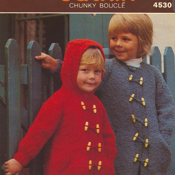 PDF Vintage 70s Childs Coat Knitting Pattern - Jaeger Catkin Chunky 4530, Kids Jacket with Hood and Toggle Buttons, Digital Download