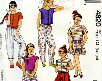 Vintage 90s McCalls 4820 Sewing Pattern UNCUT for Girls Top, Skirt, Pants, Shorts for Stretch Knits for Overlock Serger Size CJ