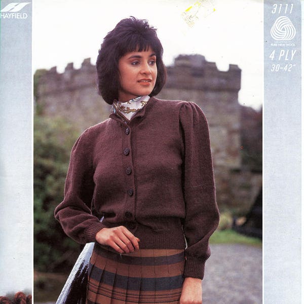 Vintage 80s Hayfield 3111 Knitting Pattern Womens Button Front Cardigan Sweater XS S M L Bust 30 32 34 36 38 40 42