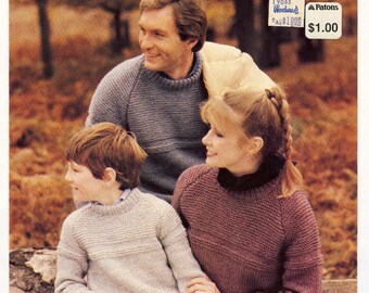 PDF Vintage Patons Beehive Chunky 1955 Knitting Pattern, Unisex Country Choice Pullover Sweater for Men Women Children Family, High Collar