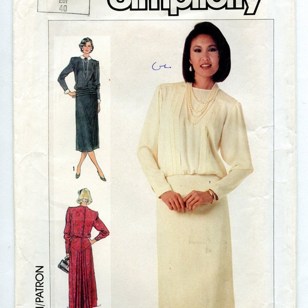 Vintage Simplicity 7164 Women's Blouson Dress with Pleated Tucked Bodice Long Sleeves Kick Pleat Skirt UNCUT Sewing Pattern Size 12 Bust 34