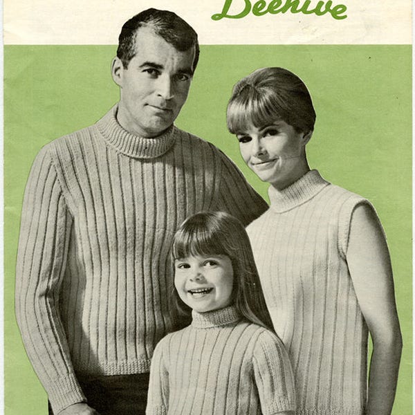 Vintage Patons Beehive 2066 Knitting Pattern - Poor Boy Trio in Astra - Turtleneck Sweater for Men, Women and Children