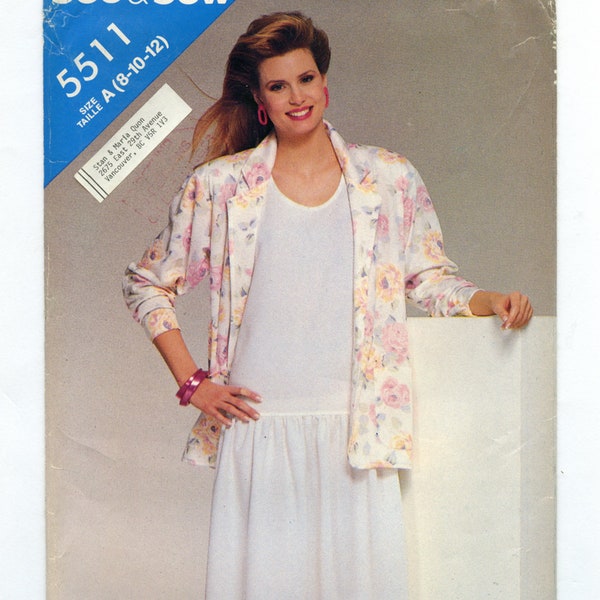 Vintage Butterick See & Sew 5511 Womens Dropwaist Sleeveless Dress and Loose Jacket UNCUT Sewing Pattern 1980s Size S 8 10 12 Bust 31 32 34