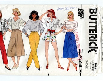Vintage 80s Butterick 3068 Sewing Pattern Women's Shorts Skirt Pants Small Waist 24 to 26.5 Sizes 8 10 12