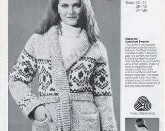 PDF Vintage 1970s Cowichan Sweater Coat Knitting Pattern 7, Grace Powell Design, Shawl Collar, Tie Front Adult Sizes S M L 34-36 38-40 42-44