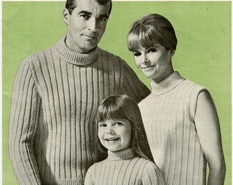 PDF Vintage Patons Beehive 2066 Knitting Pattern - Poor Boy Trio in Astra - Turtleneck Sweater for Men, Women and Children Instant Download